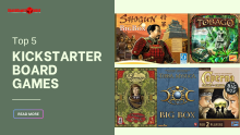 Top 5 Kickstarter board games featured by BoardGamesNMore, including Shogun, Tobago, Lorenzo, Terra Mystica, and Caverna Big Box editions.